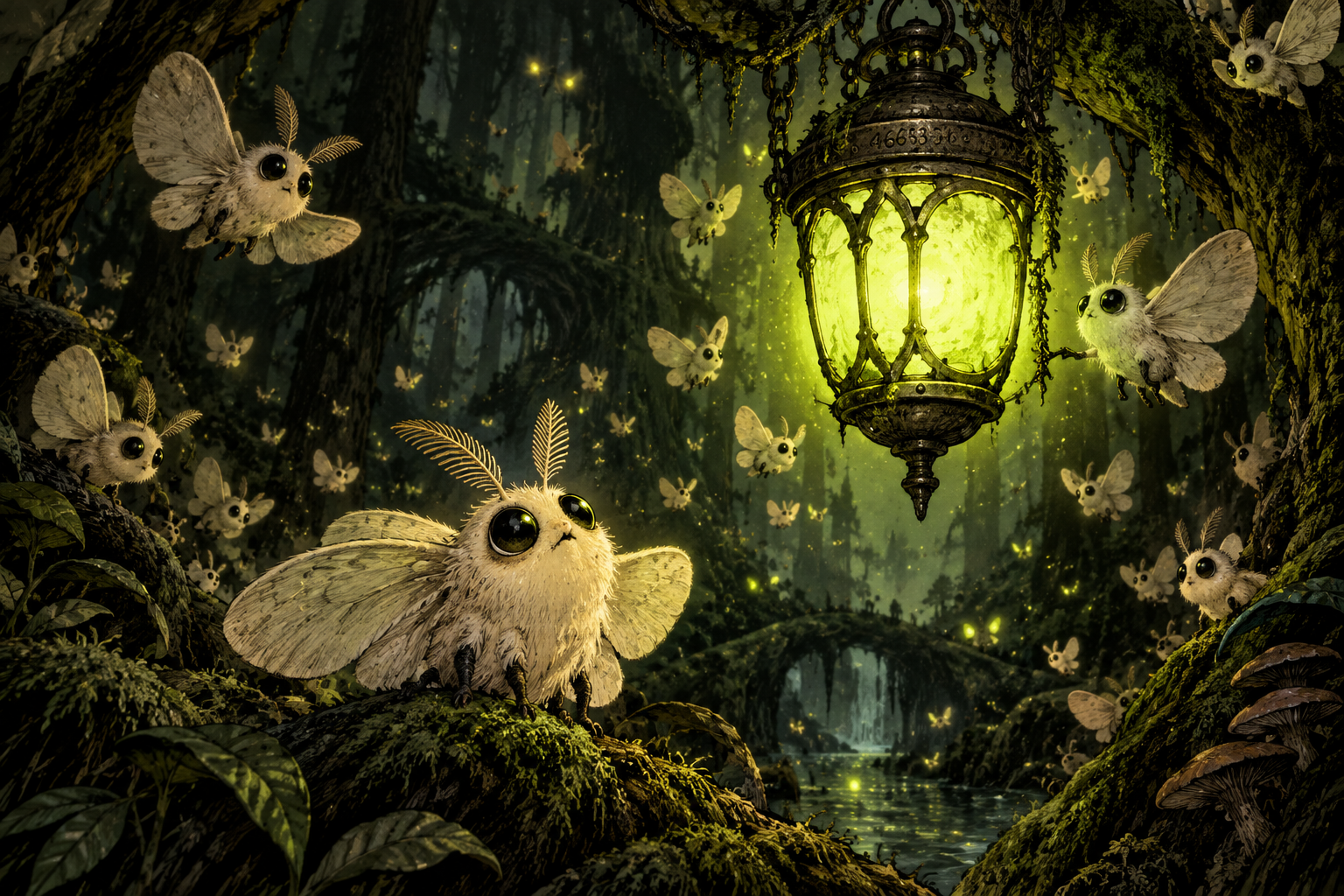 Cream moths gather in the green light of a hanging lamp